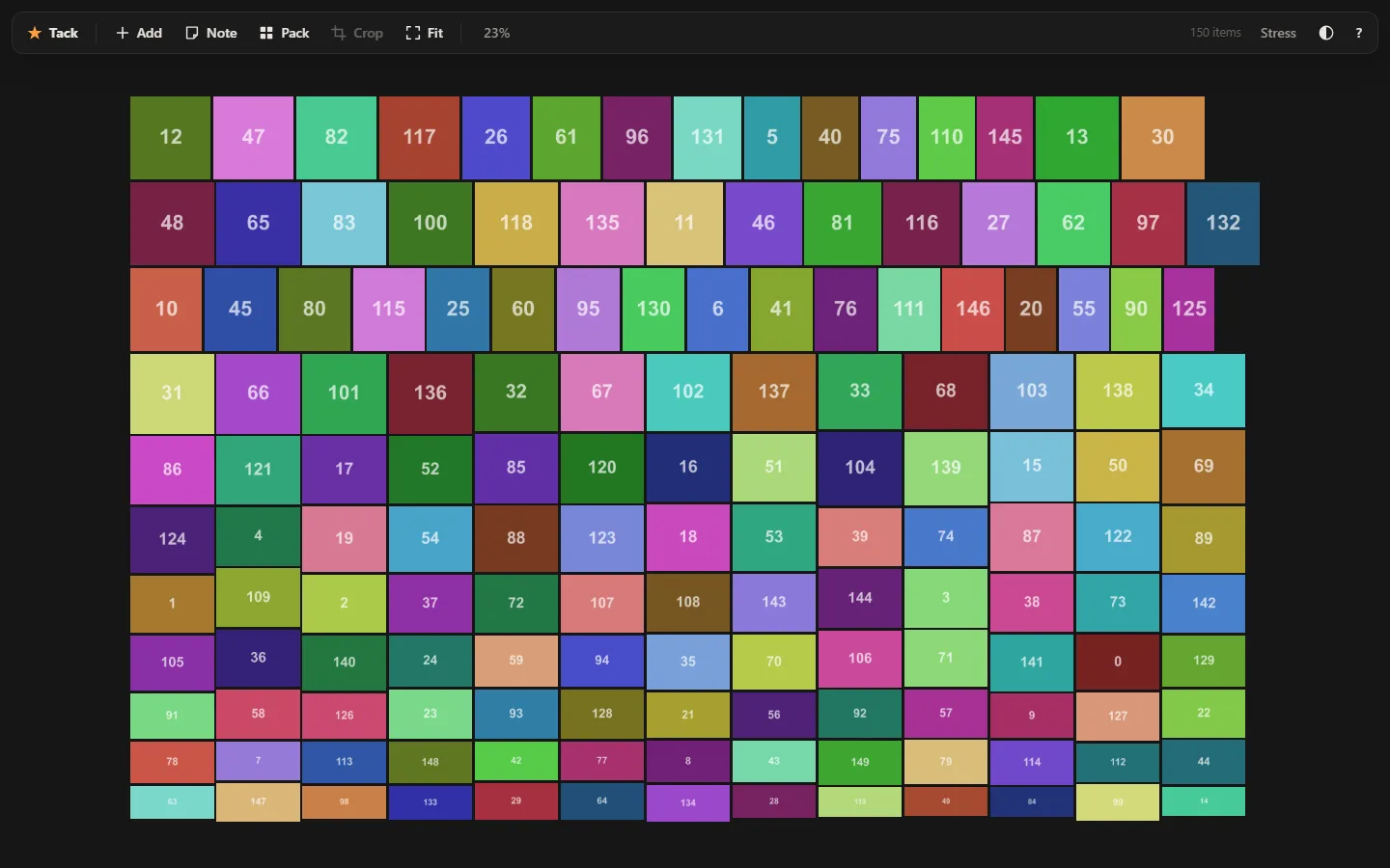 150 numbered colour blocks packed by the skyline algorithm into a near-perfect rectangle.