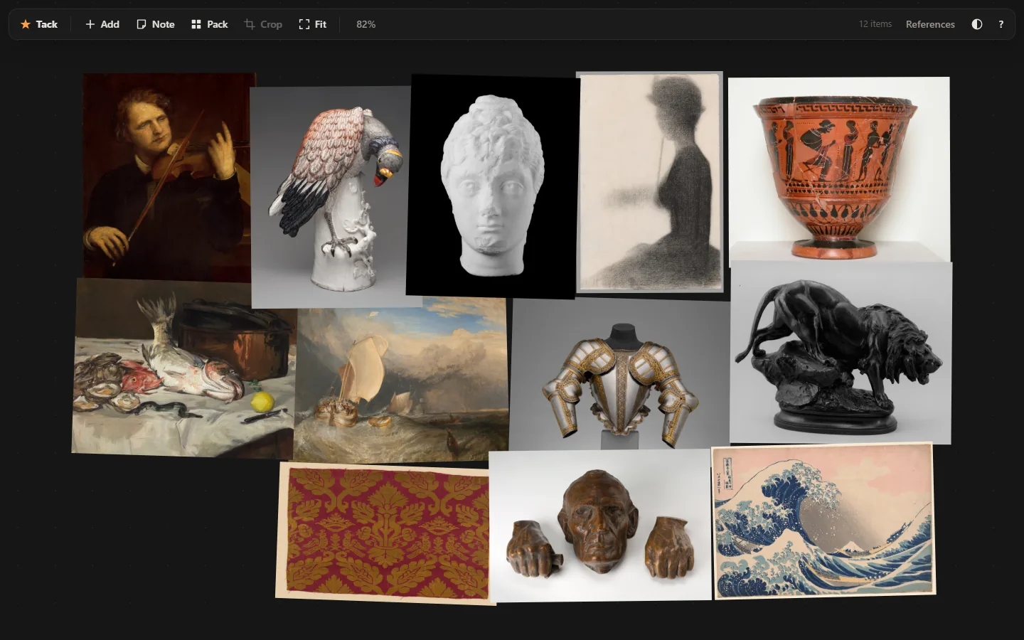 Tack in dark mode: six reference images packed edge to edge into a tight rectangle on a dotted infinite canvas, a slim floating toolbar above.