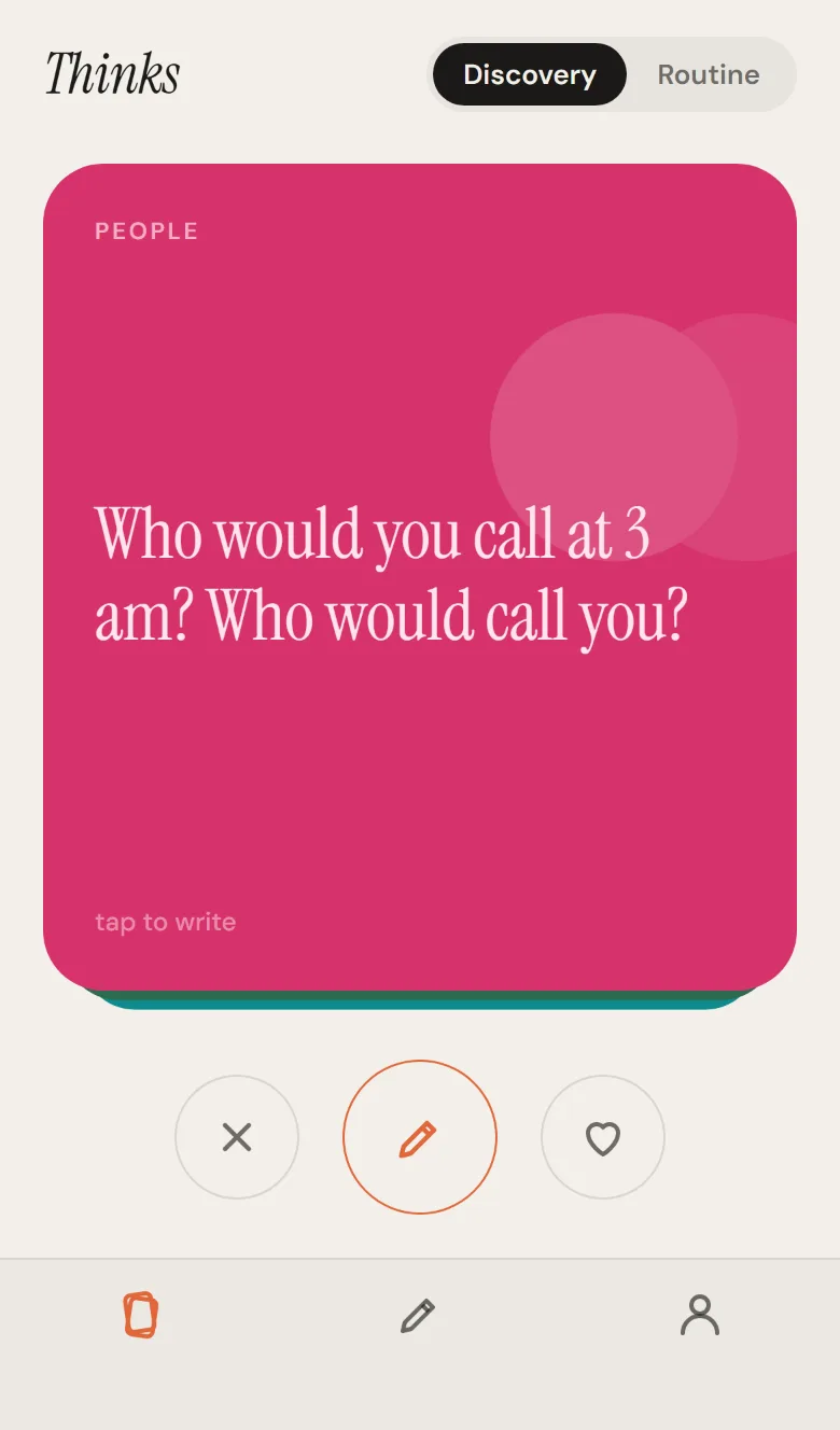 The same deck by day: a raspberry People card asking Who would you call at 3 am? in a serif, with two overlapping circle silhouettes.