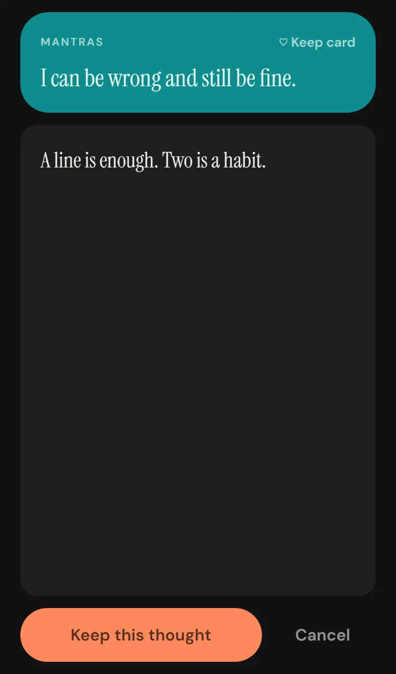 The write sheet: the card repeated as a raspberry header with a Keep card link, a dark text area with a thought typed in the serif, and a Keep this thought button.