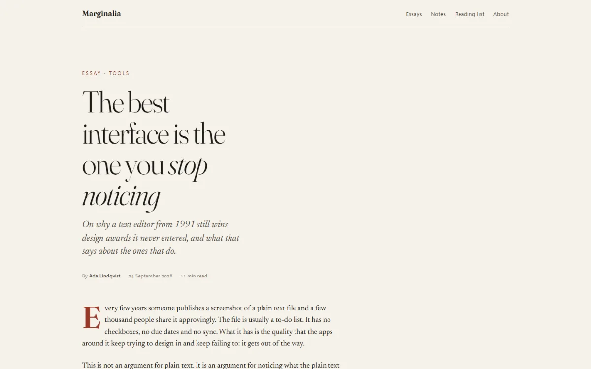 Editorial shell: a serif essay with a drop cap, pull quote and a margin note on a cream page.