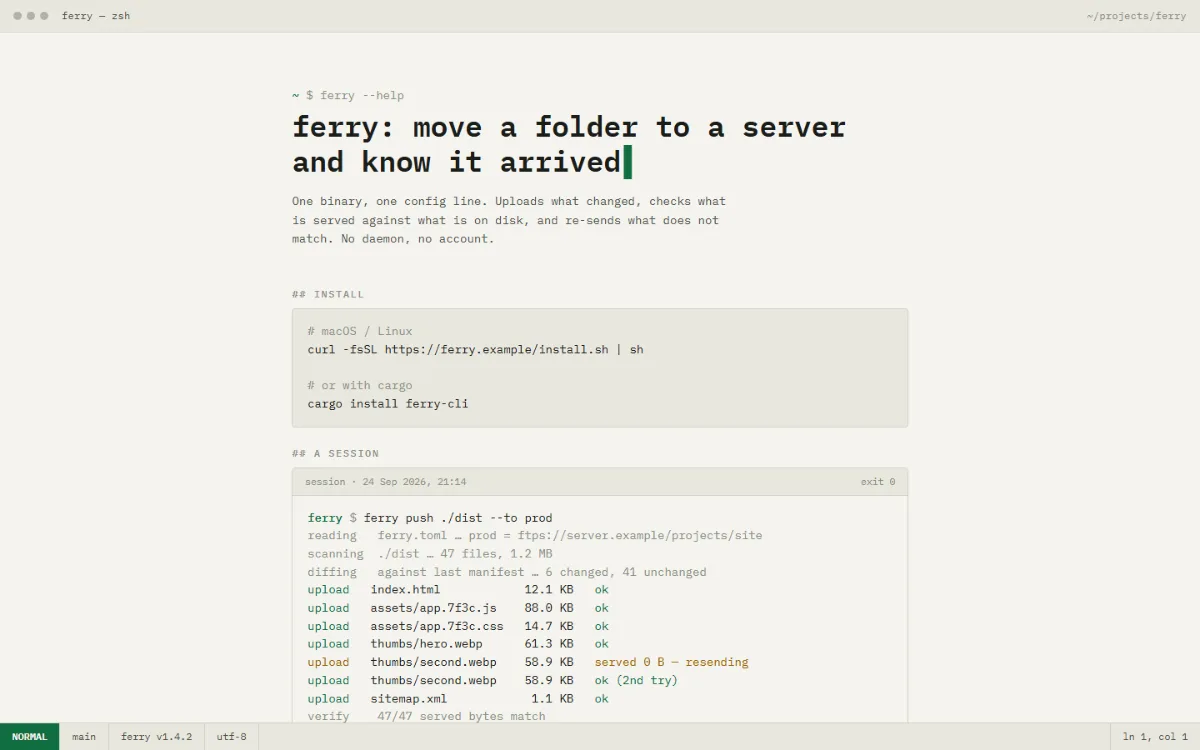 Terminal shell: a monospace page with a prompt headline, an install block and a colour-coded session transcript.