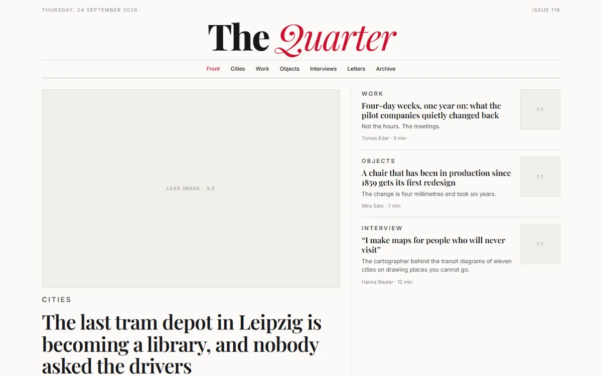 Magazine shell: a centred serif masthead, a lead story with image, secondary stories, shorts and a numbered most-read list.