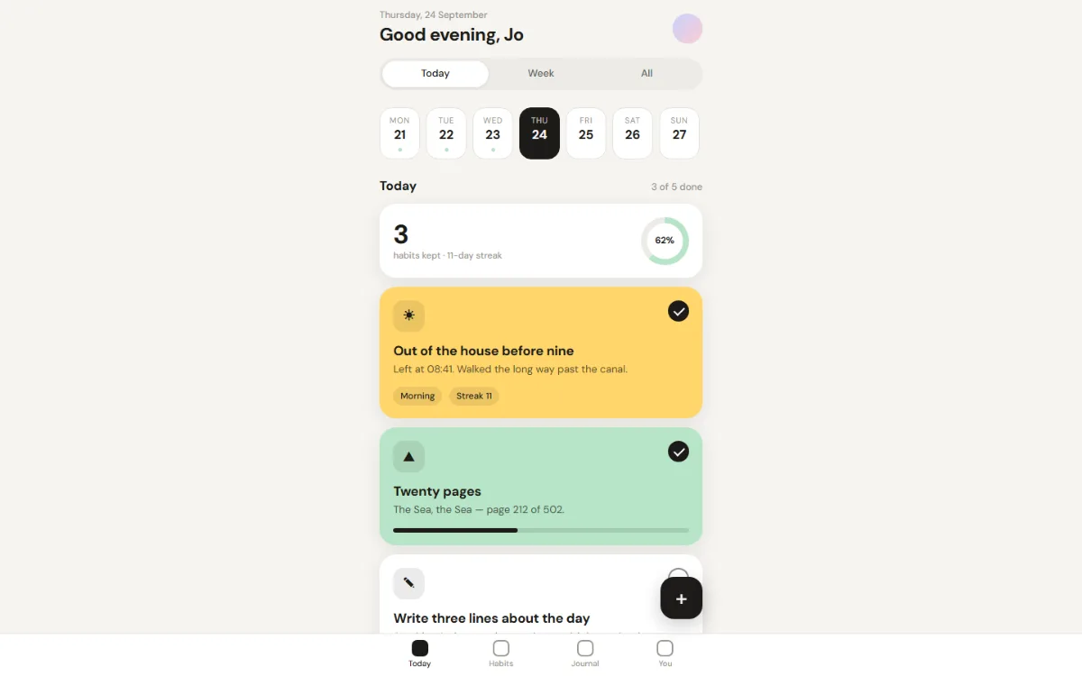 Card stack shell: a phone-width column of colour cards for habits with a day strip, a floating plus button and a tab bar.