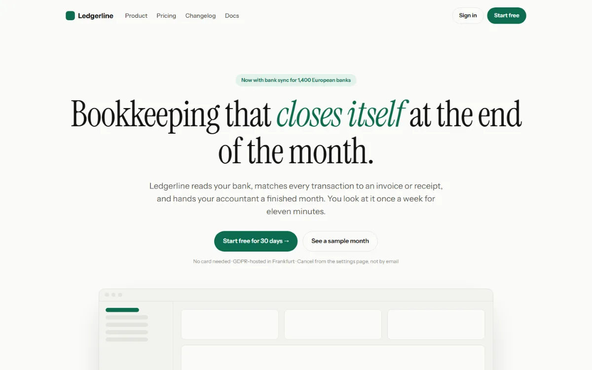 Landing shell: a centred serif headline with a green italic, two buttons and a framed product mock.