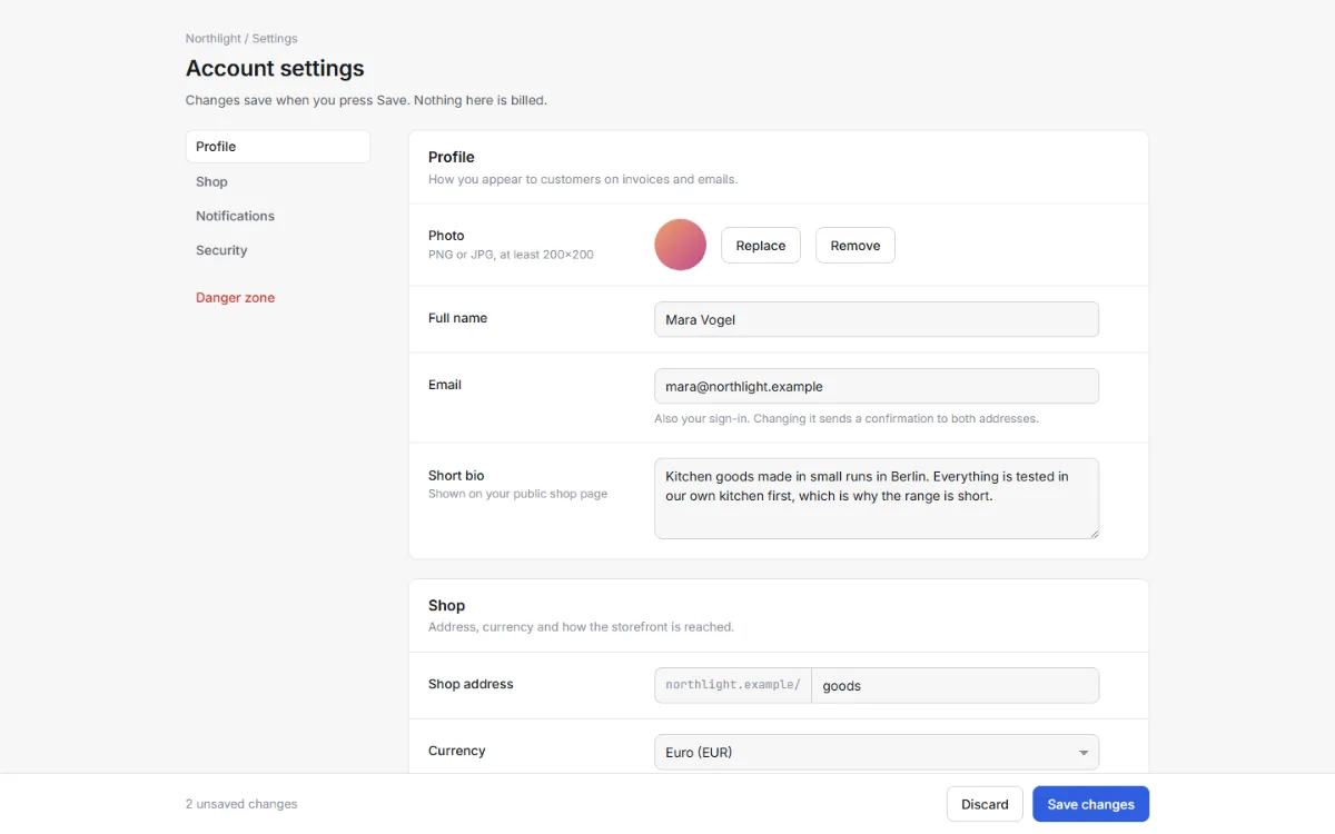 Settings shell: a section rail on the left and cards of label-and-control rows with inputs, selects and toggles.