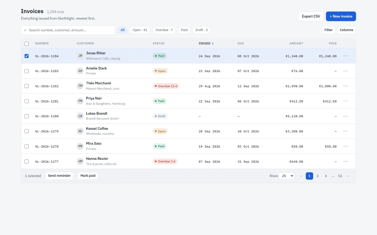 Data table shell: a toolbar with search and filter chips above a dense invoices table with status pills and pagination.