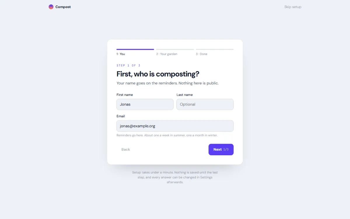 Onboarding shell: a centred card with a three-segment progress stepper, a step-one form for name and email, Back and Next.