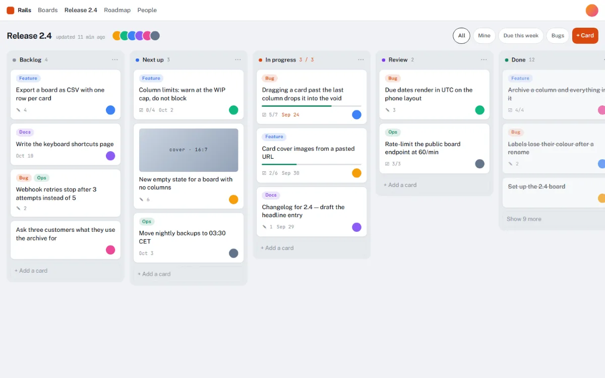 Kanban shell: five columns of cards with coloured labels, avatars, due dates and checklist counts on a grey board.