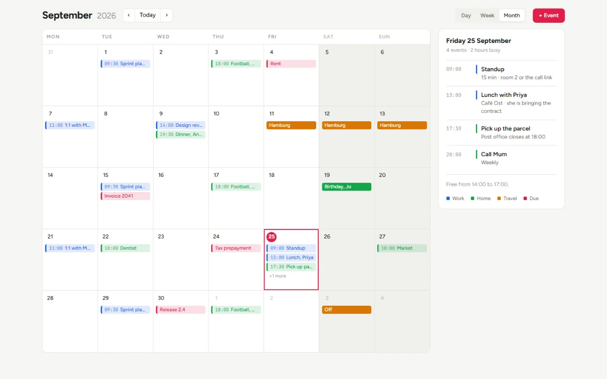 Calendar shell: a seven-column September grid with coloured event bars, a red today marker and an agenda panel on the right.