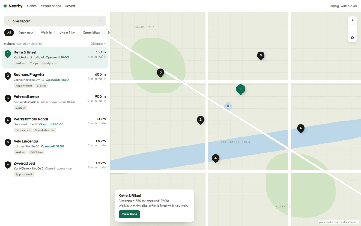 Map and list shell: a results list of bike repair shops with numbered pins beside a pale placeholder map with roads, a canal, parks and pins.