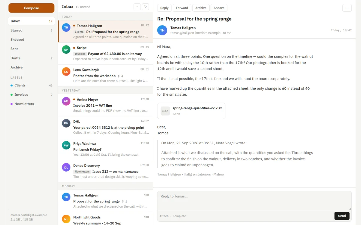 Inbox shell: folders with counts, a message list with unread dots and labels, and an open message with an attachment and reply box.