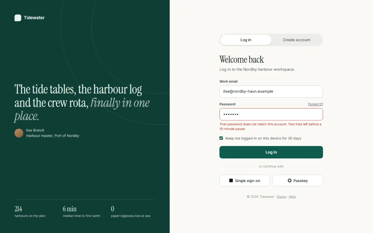 Auth shell: a dark green brand panel with a serif quote on the left, a log-in form with an error message and SSO buttons on the right.