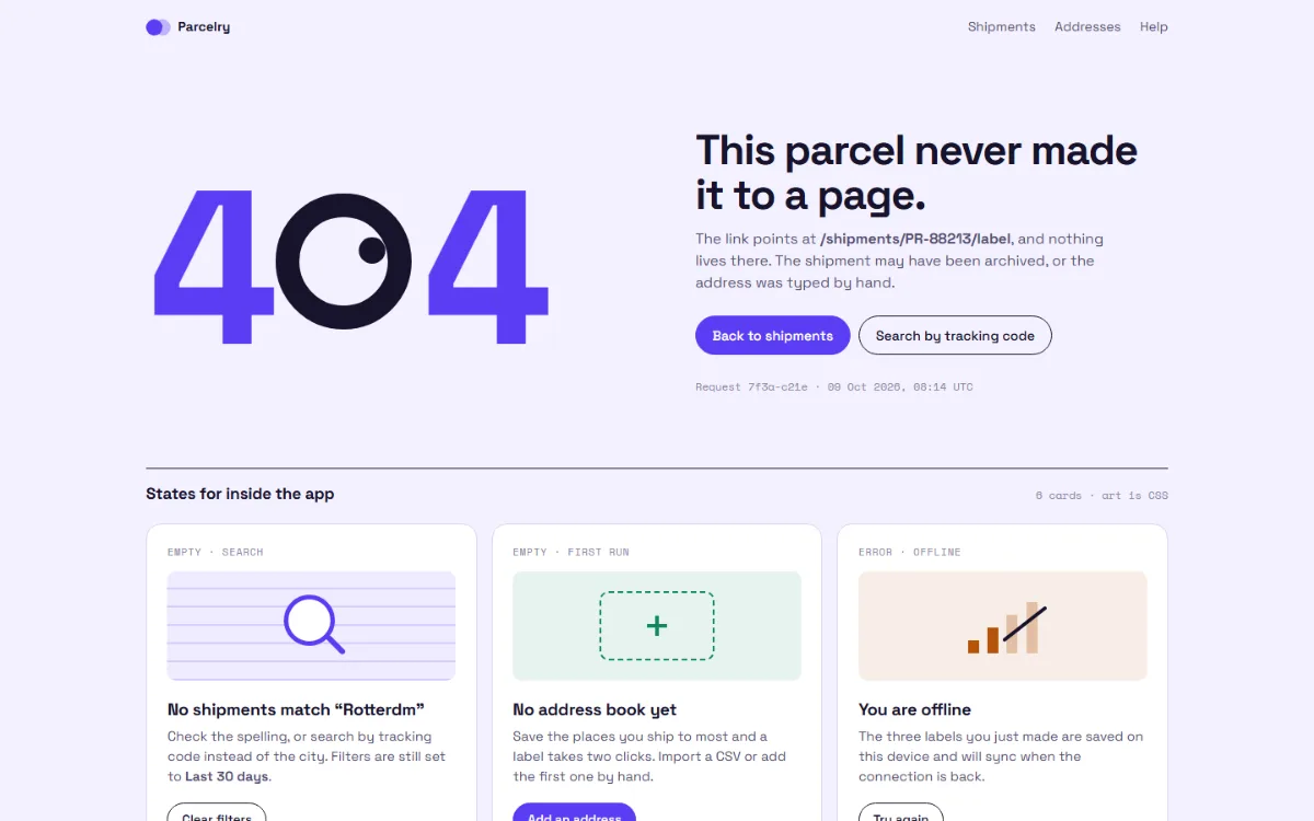 Error and empty states shell: a large 404 with an eye for a zero, and a grid of six state cards with small CSS illustrations.