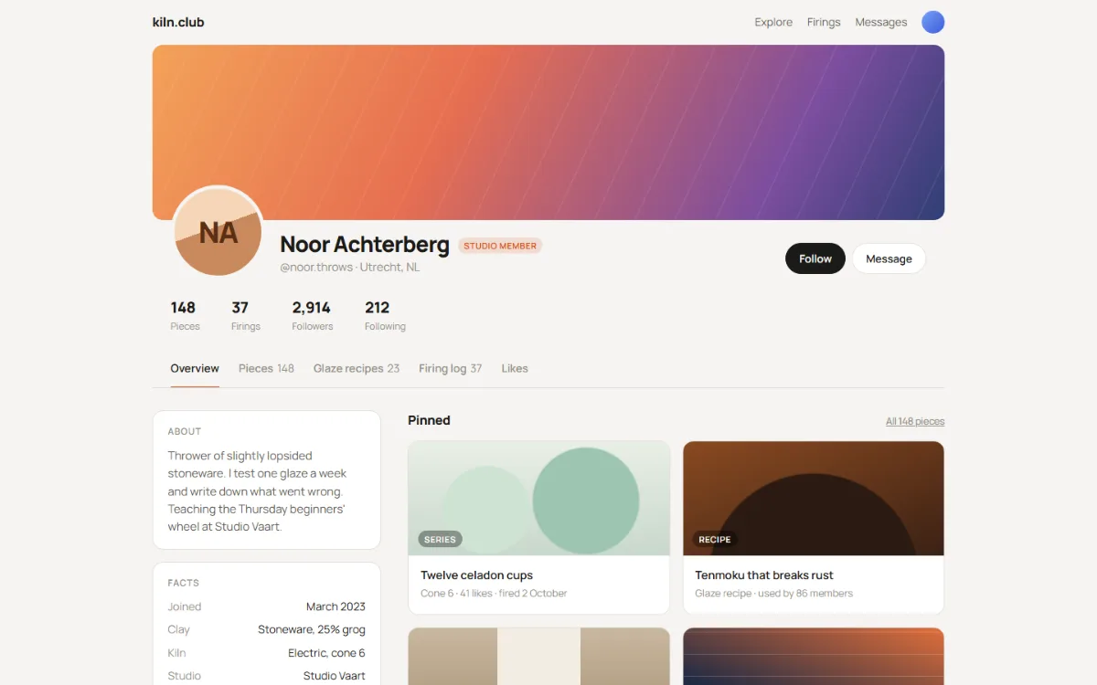 Profile shell: a sunset cover, an overlapping round avatar, stats, tabs, an about rail and a grid of pinned projects.