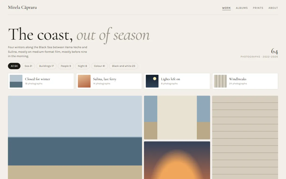 Photo gallery shell: a large serif title over a dense grid of wide, tall and square colour-field tiles with an album strip.