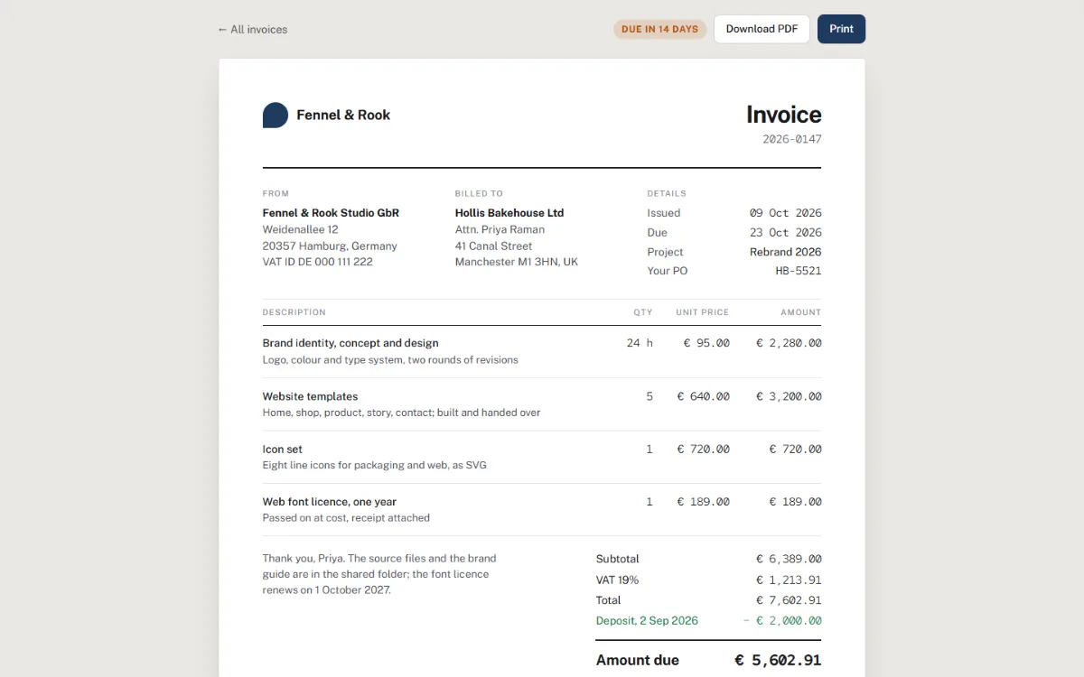 Invoice shell: a white sheet on a grey desk with sender and recipient, a line-item table, totals with VAT and a deposit, and bank details.