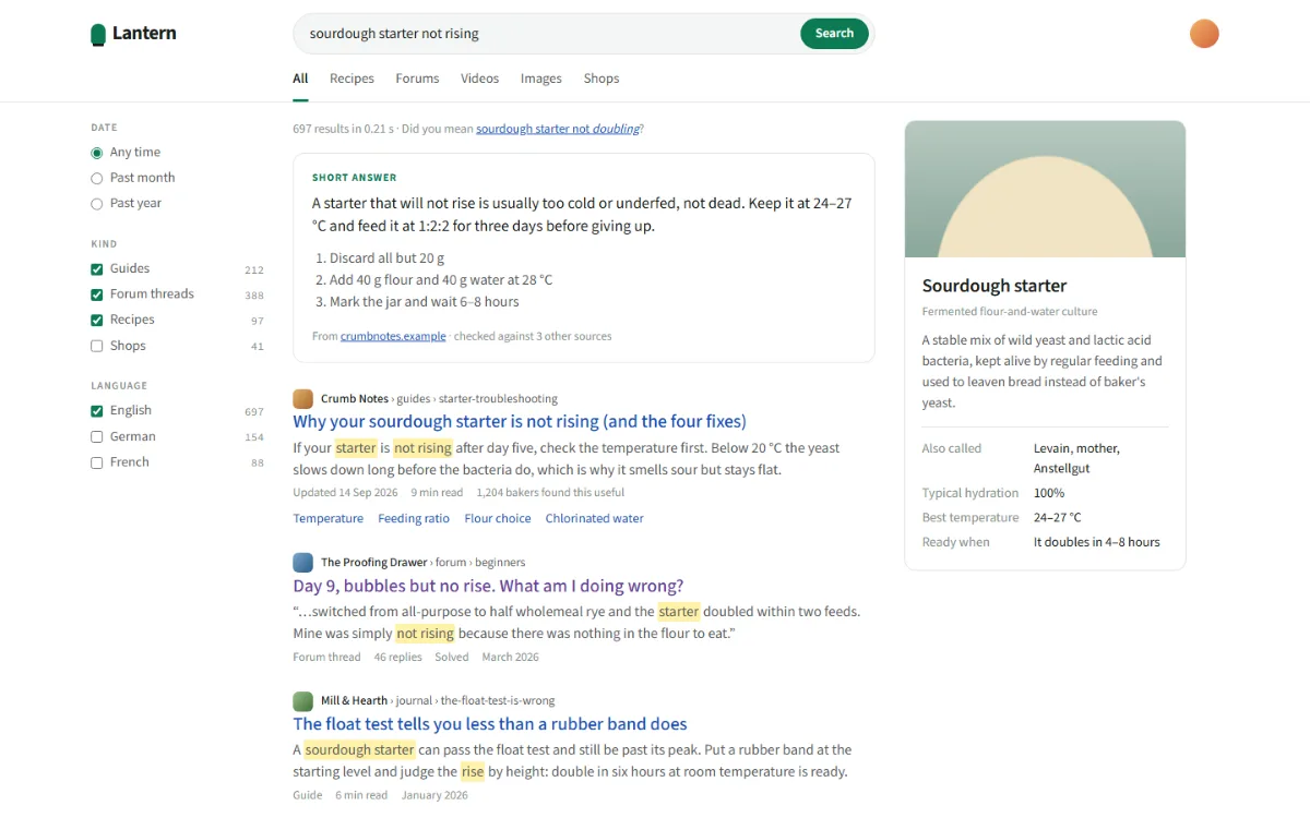 Search results shell: a query bar with tabs, a filter rail, an answer box, results with highlighted snippets, and an info panel on the right.