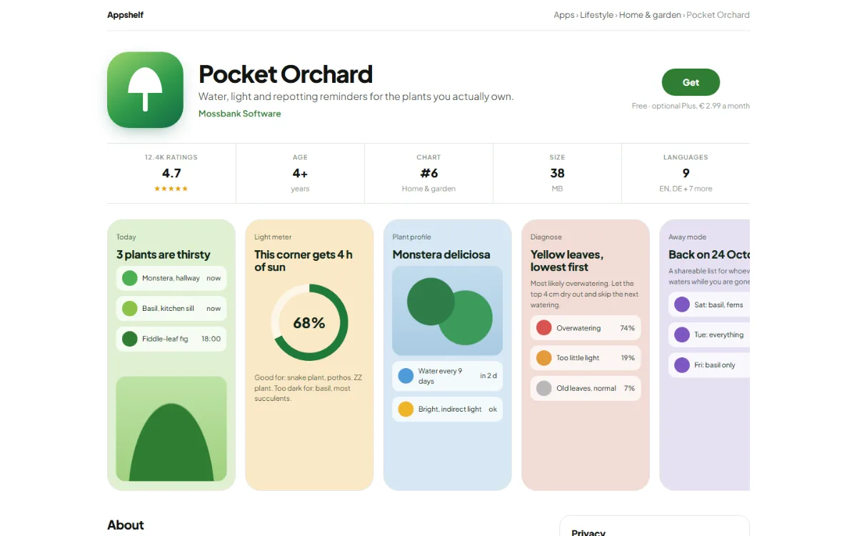 App page shell: a green app icon, a Get button, a facts strip, a row of pastel phone screenshots, and ratings with a histogram.