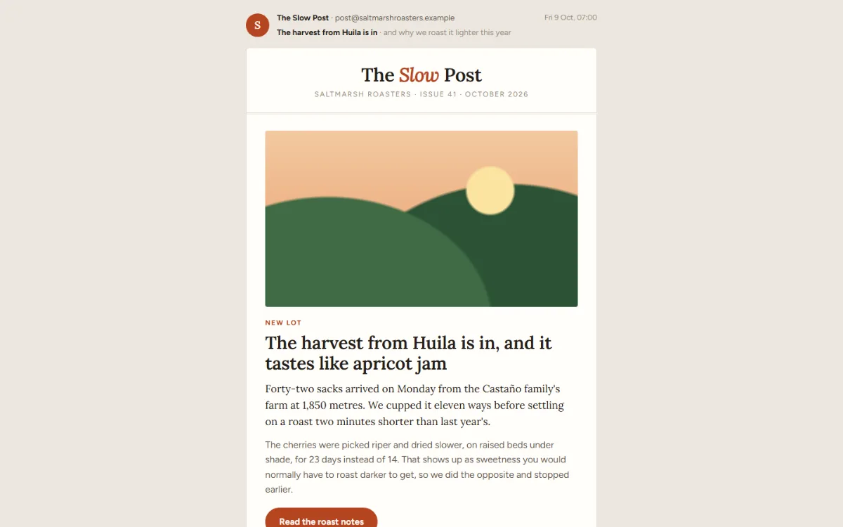 Email newsletter shell: a 600 pixel cream letter with a serif masthead, a hero story with an illustration, two-up stories and a numbers band.