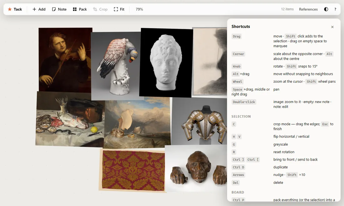 Tack in its light theme, the same reference board on a pale canvas.